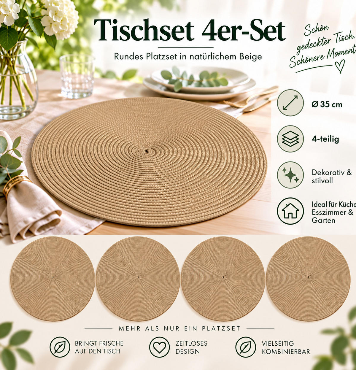 PLATZSET 4er Set Polypro Caramel 35 cm rund - Hellbraun, Kunststoff (35cm) - TiborTex