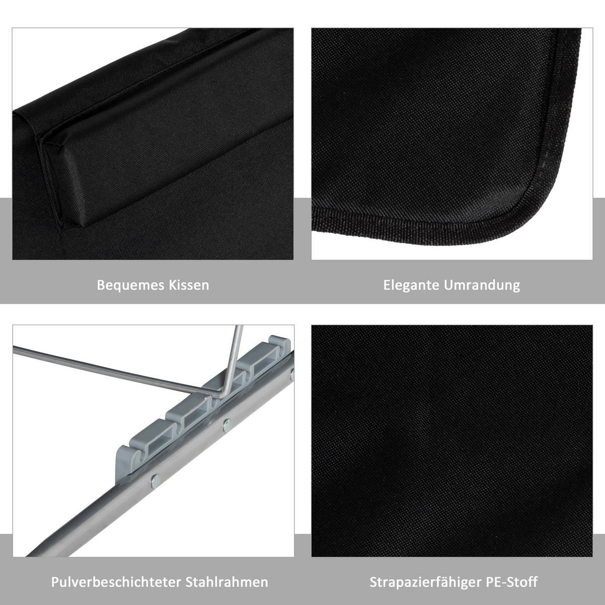 STRANDLIEGE Sonnenliege Gartenliege, klappbar, verstellbare Rücklehne, Seitentasche, 48 cm x 134 cm x 33-43 cm, Schwarz - Schwarz, Metall (134/43/48cm)