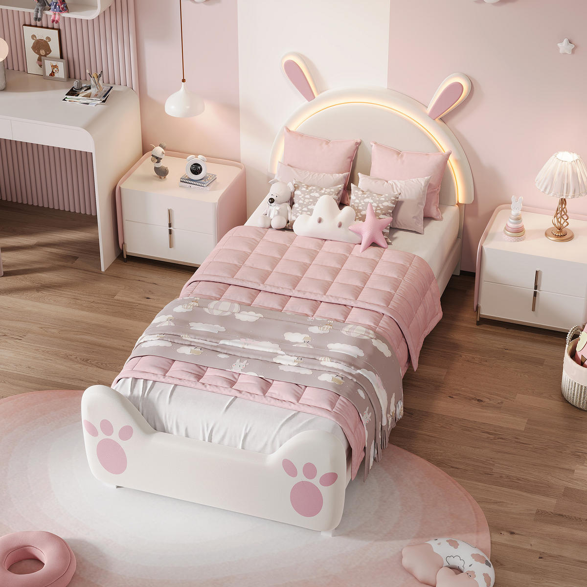 POLSTERBETT 90/200 cm mit LED-Leseleuchte im Cartoon Design - Rosa, Holz (90/200cm) - SHOPENTRA