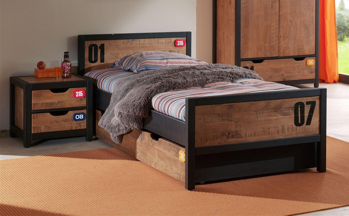 KINDERZIMMER Set komplett Kameko 1 Massivholz+MDF Schwarz/Cognac - Cognac/Schwarz, Holz (210/75/110cm) - 58aufmkessel