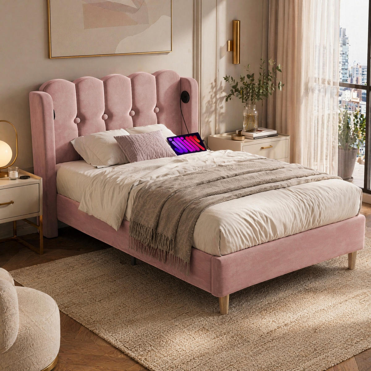 POLSTERBETT 90/200 mit USB, Type-C und gepolstertem Kopfteil in Rosa - Rosa, Holzwerkstoff/Textil (90/200cm) - EVRYAE