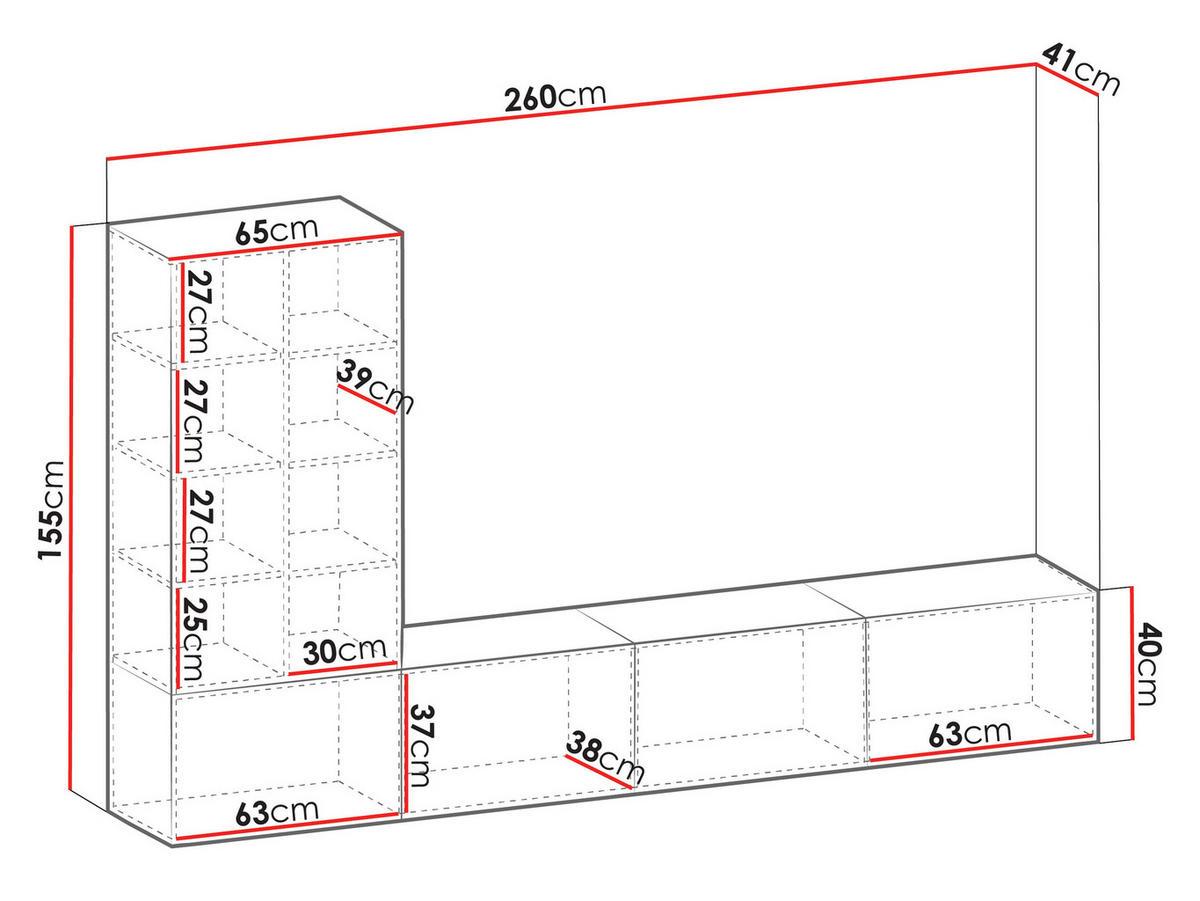 WOHNWAND Tiwori - Nussbaumfarben/Schwarz, Holzwerkstoff/Kunststoff (260/157/41cm) - MIRJAN24