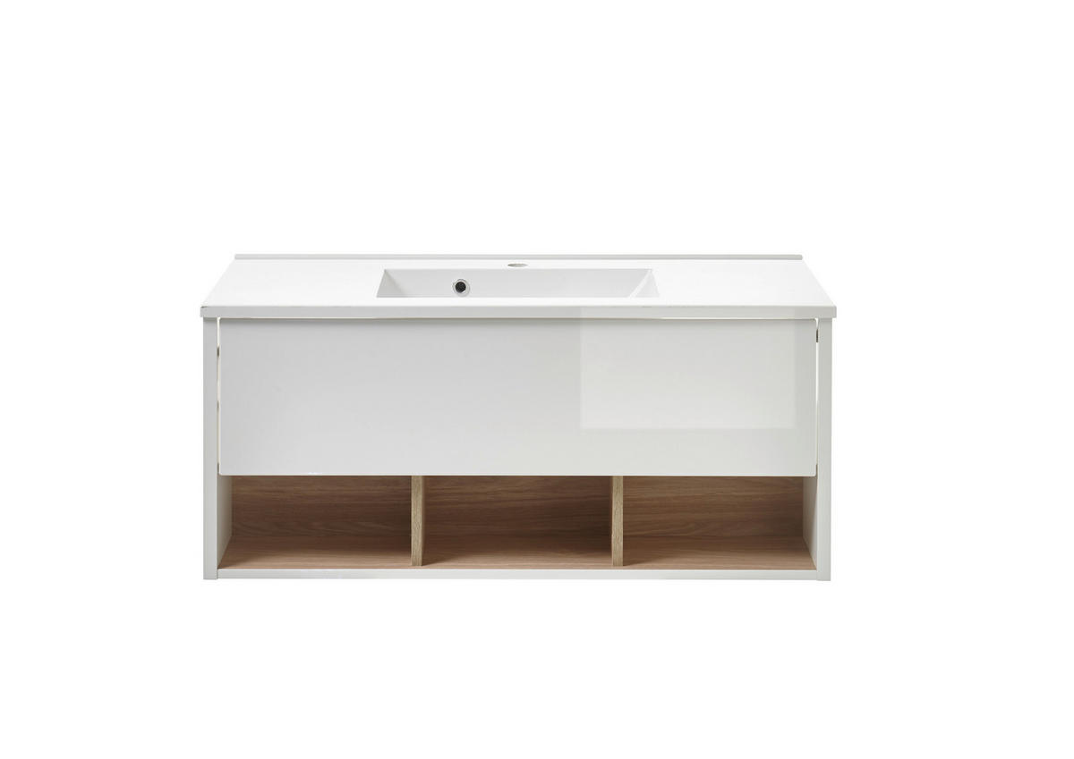 WASCHTISCH M20 Weiß Hochglanz & Eiche Dekor 100/44/47 cm breit mit Waschbecken - Weiß Hochglanz/Eichefarben, Holzwerkstoff (100/44/47cm) - Livojo