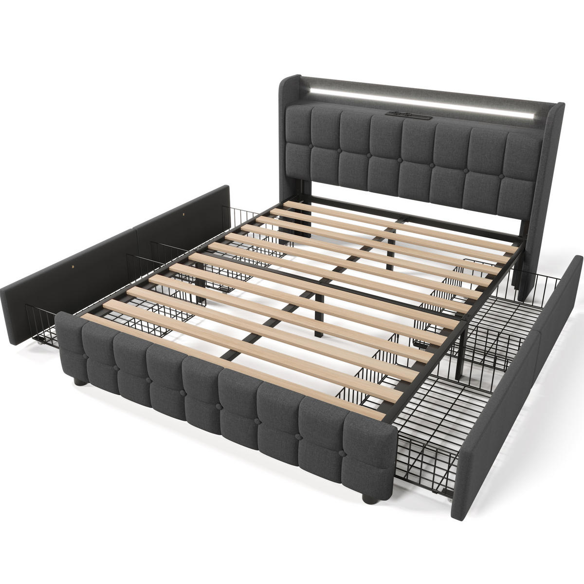 BETT mit USB und LED 140x200 cm Grau mit 4 Schubladen - Grau, Holz (140/200cm) - Meubliv