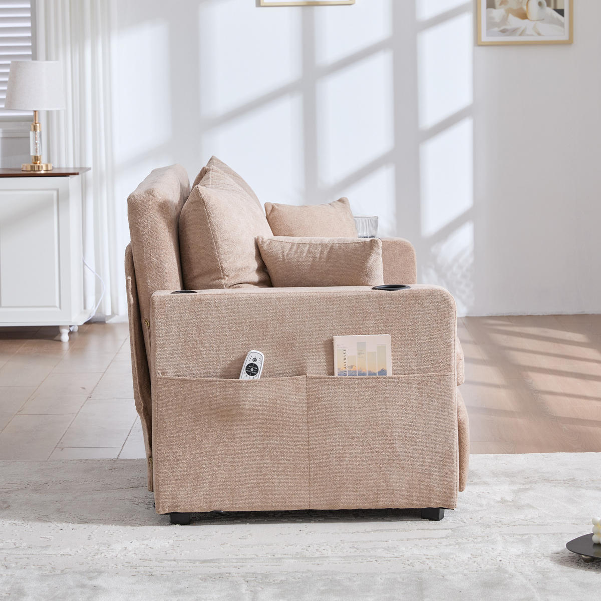 SCHLAFSOFA klappbar mit USB und Getränkehaltern, Khaki - Sandfarben, Textil (139/83/73cm)