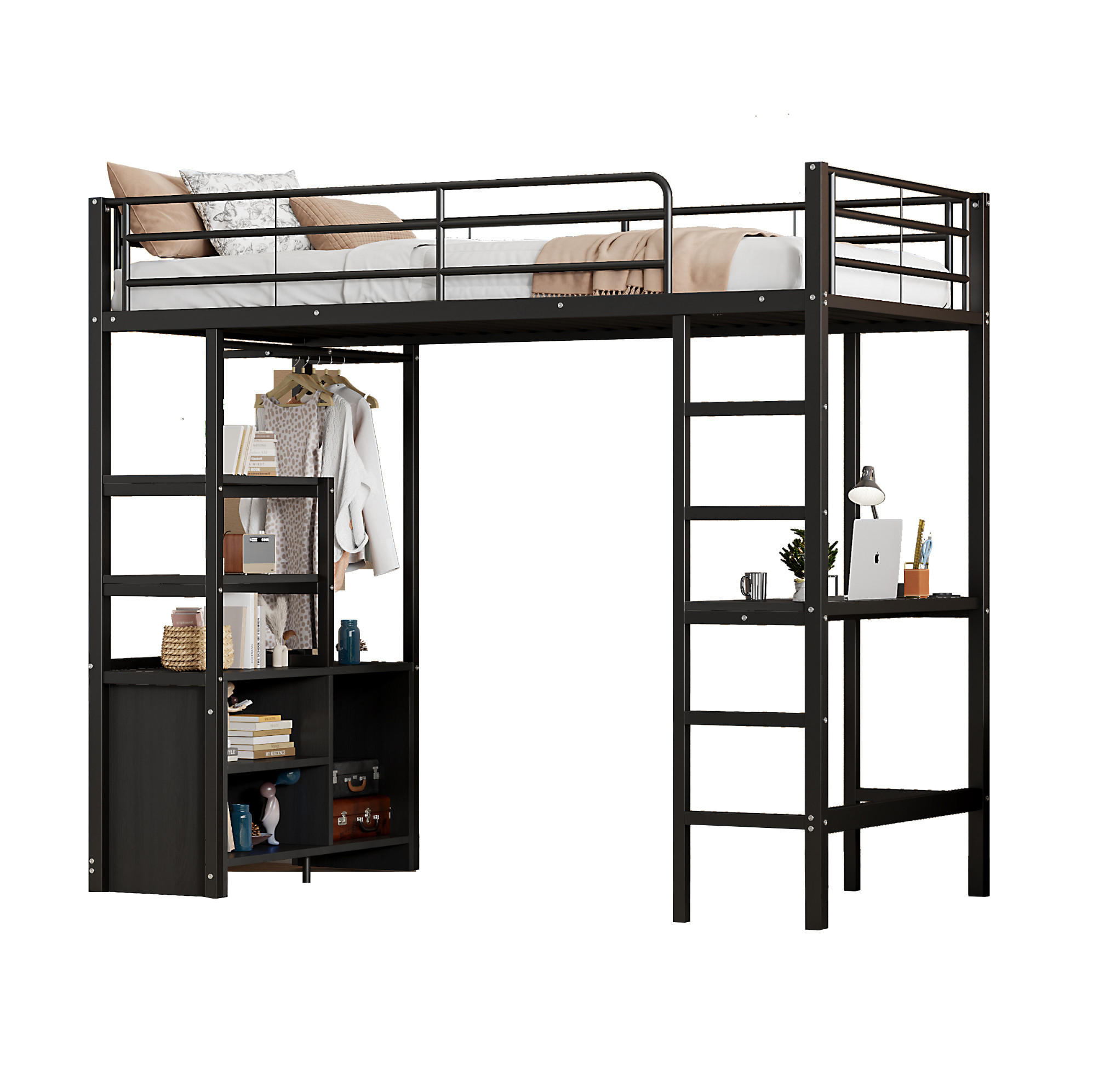 HOCHBETT 90/200 cm aus Metall mit Schreibtisch, Regalen und USB-Anschluss - Schwarz, Metall (90/200cm) - Flora Grace