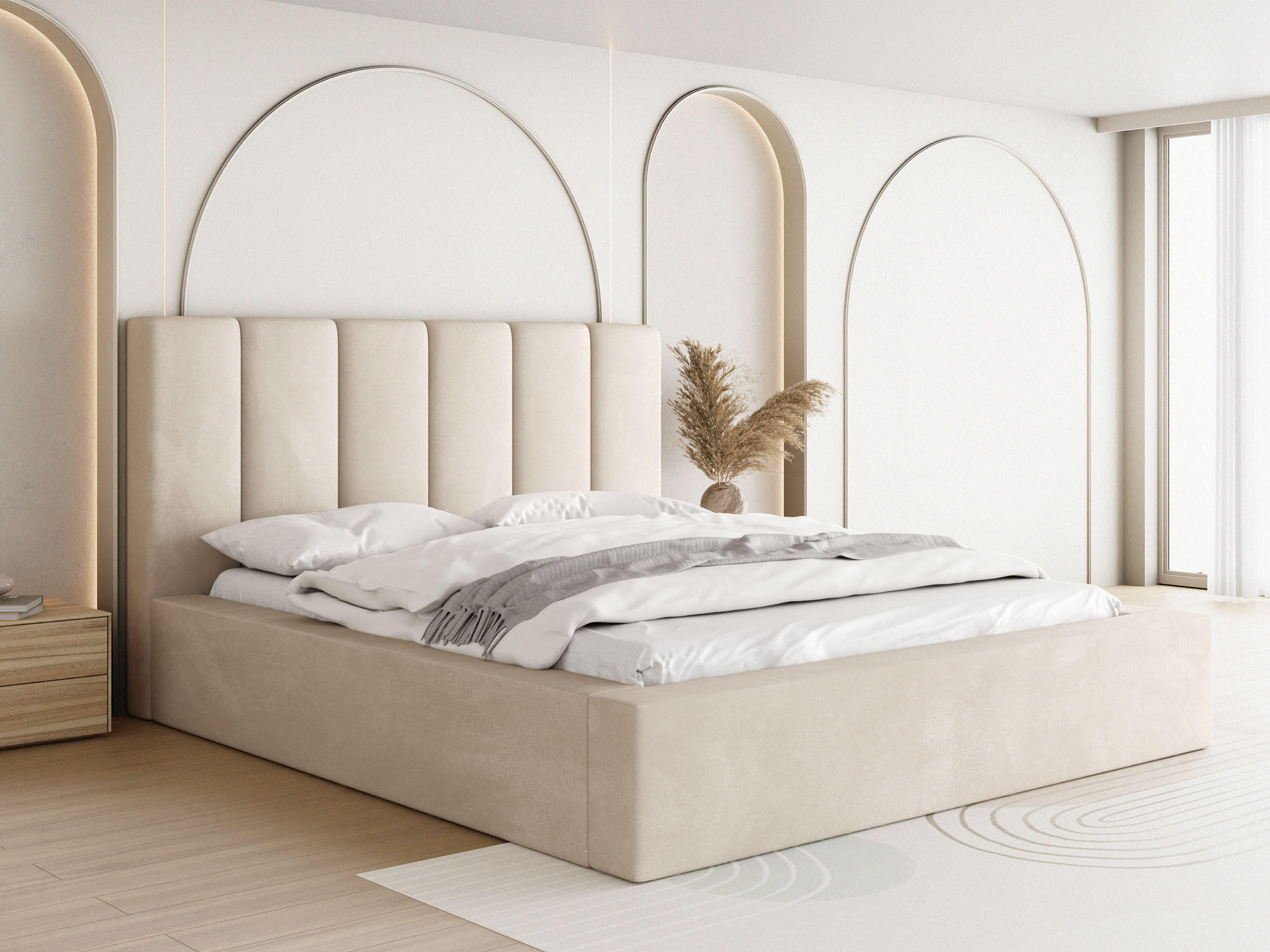 POLSTERBETT Amira mit Bettkasten, Creme Samt 120x200 cm - Beige/Birkefarben, Holz/Holzwerkstoff (120/200cm) - WFL GROUP