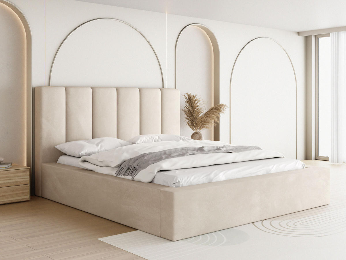 POLSTERBETT Amira mit Bettkasten, Creme Samt 120x200 cm - Beige/Birkefarben, Holz/Holzwerkstoff (120/200cm) - WFL GROUP