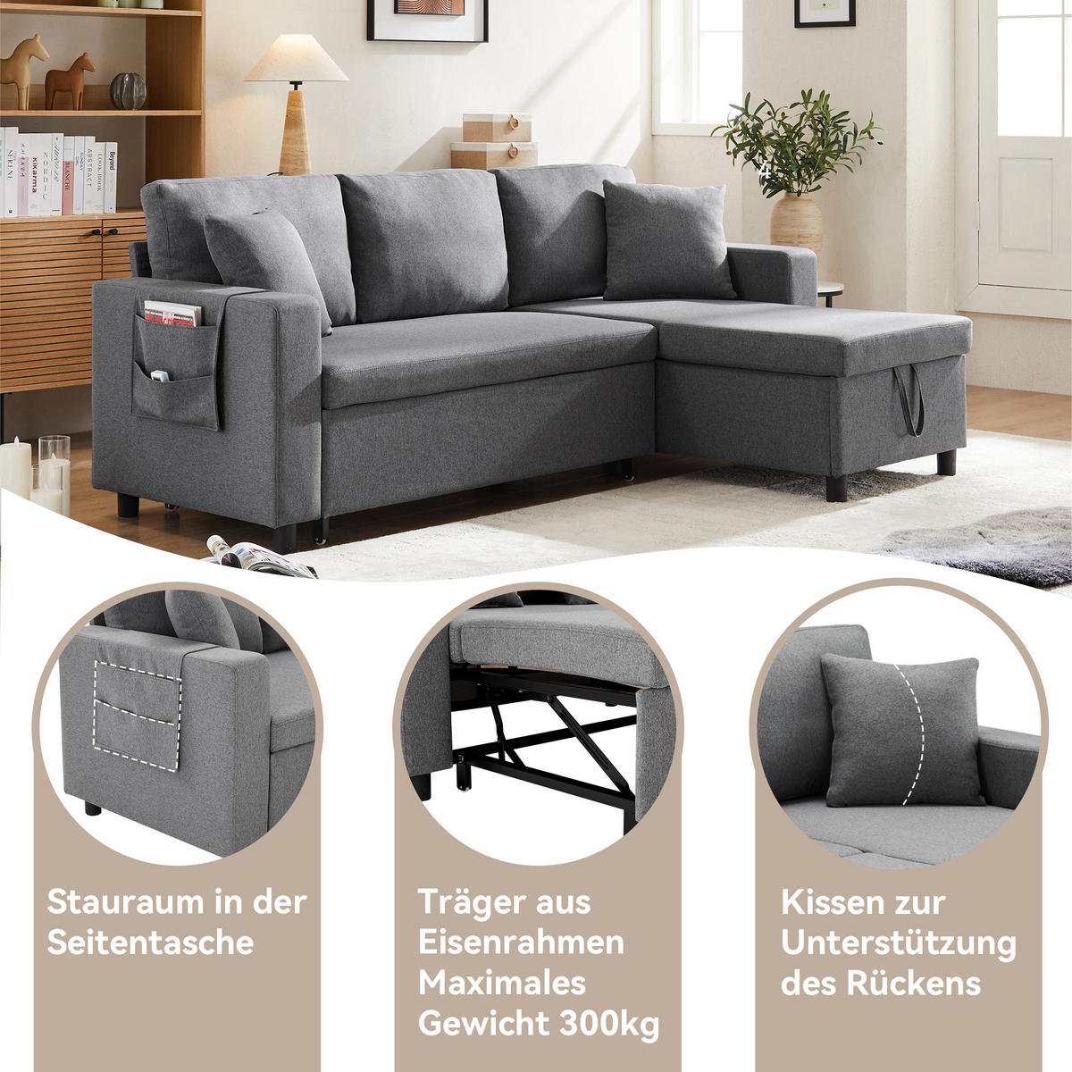 SCHLAFSOFA Modernes 3-Sitzer mit Stoffbezug, Dunkelgrau – Komfortabel, platzsparend, langlebig, 210 x 90 x 85 cm - Grau, Holzwerkstoff/Textil (219.5/83/142.5cm) - Urban Meuble