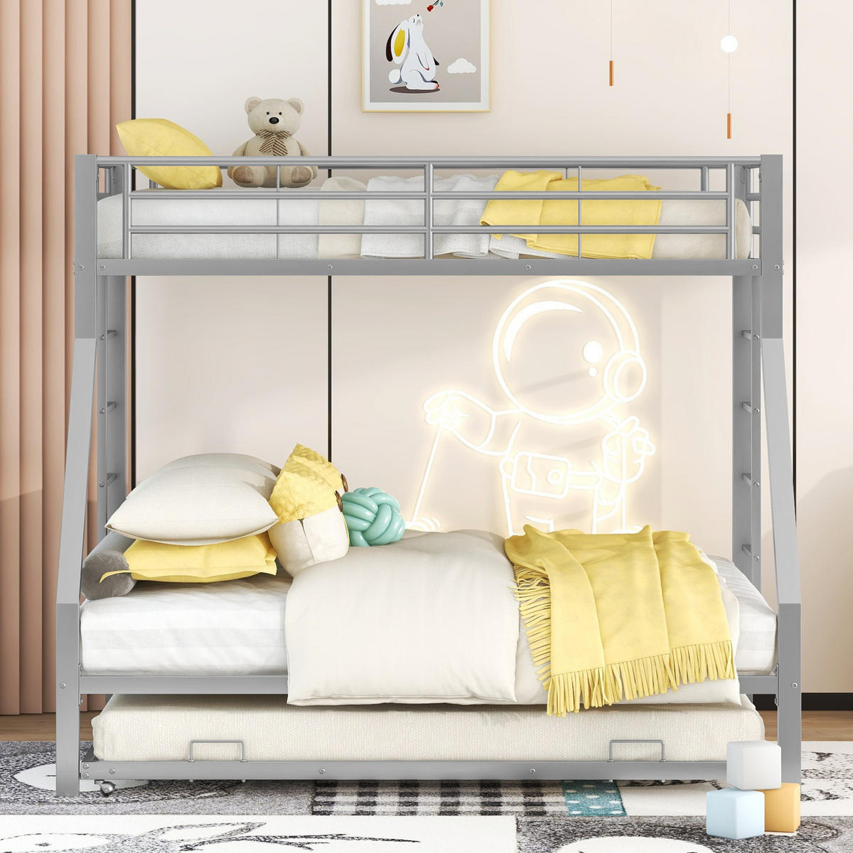 ETAGENBETT 90/190 cm aus Metall mit ausziehbarem Bett und Sicherheitsleitern - Silberfarben, Metall (90/190cm) - OKWISH