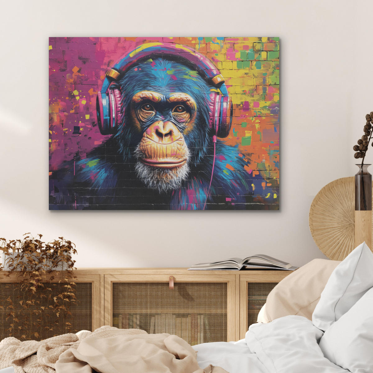 AKUSTIKPANEEL Graffiti - Schimpanse - Straßenkunst - Kopfhörer - Affe 80x60 cm - Blau, Textil (80/0.9/60cm) - MuchoWow