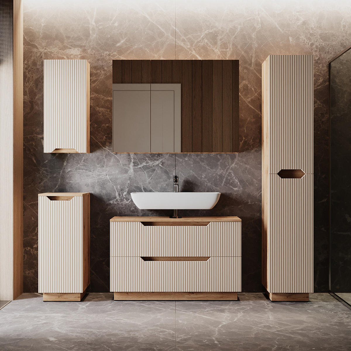 BADMÖBEL-SET Lotta Eiche/Kaschmir gestreift 3 Teile - Kaschmir/Eichefarben, Holzwerkstoff (99.4/62.5/32cm) - Vicco