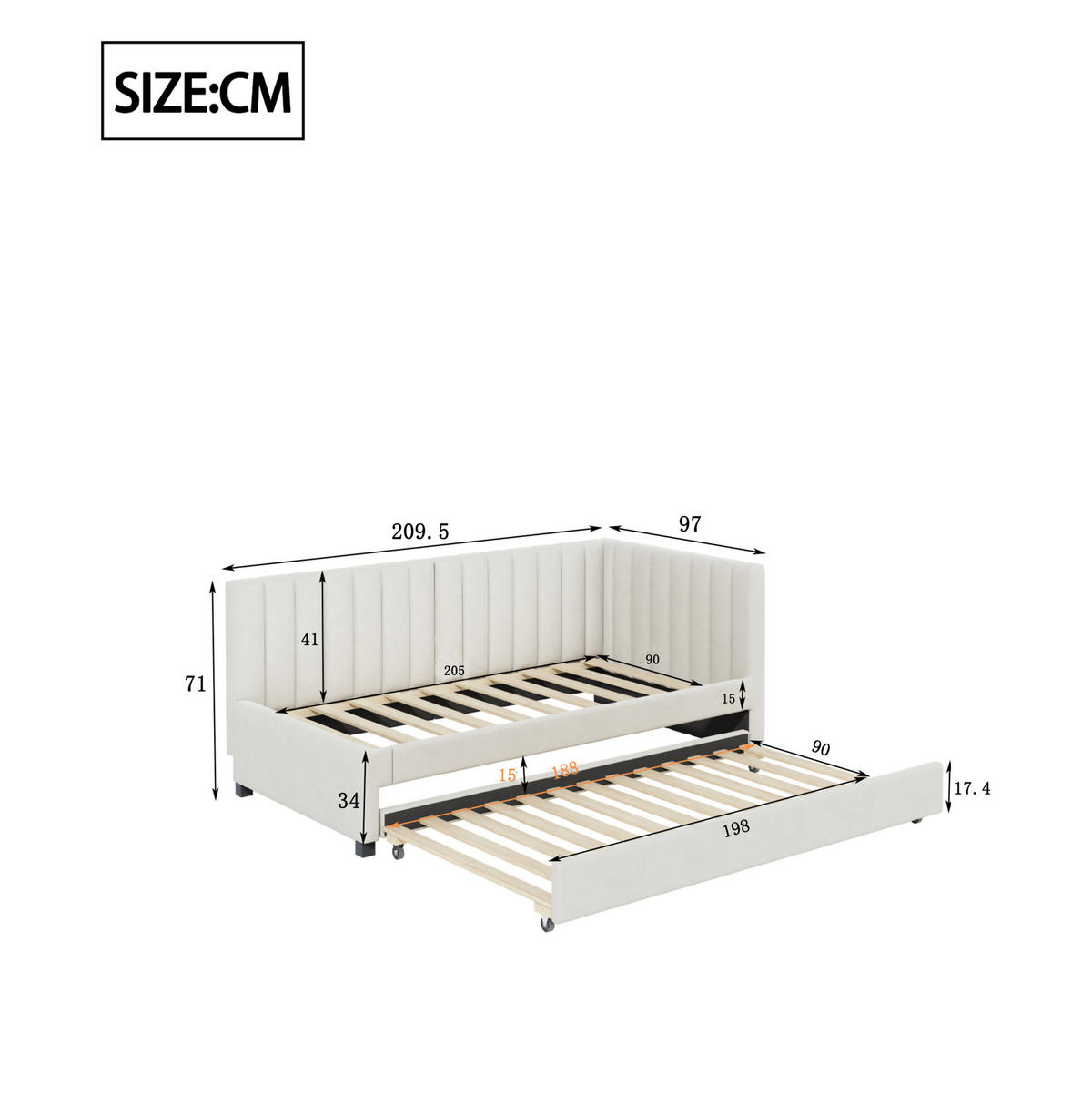 BETT Ausziehbar 90/200 cm mit Kopfteil aus Samtstoff in Beige - Beige, Leder (90/200cm) - OKWISH
