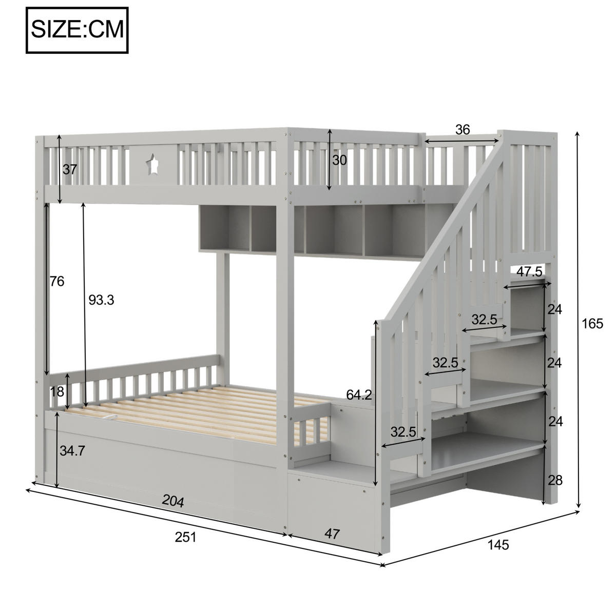 HOCHBETT aus Holz 140x200 cm Grau mit hydraulischem Stauraum, Regalen, Treppenschubladen und Sicherheitsgeländer - Grau, Holzwerkstoff (140/200cm) - Modfu