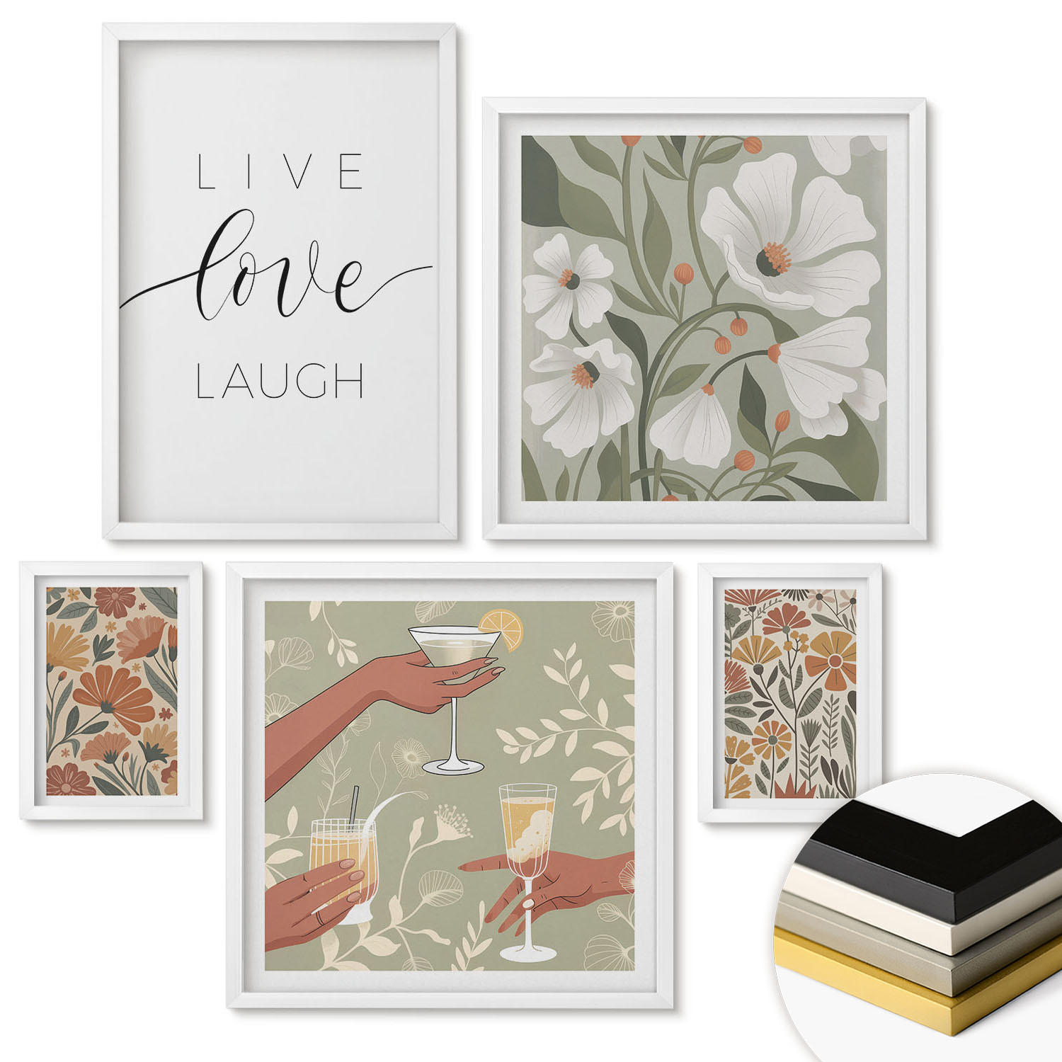 WANDBILDER 5er-Set - 50x50 cm & 20x30 cm & 40x60 cm Weißer Rahmen - Boho-Pflanzenmuster - Weiß, Kunststoff (40/60cm) - ArtPrintCave