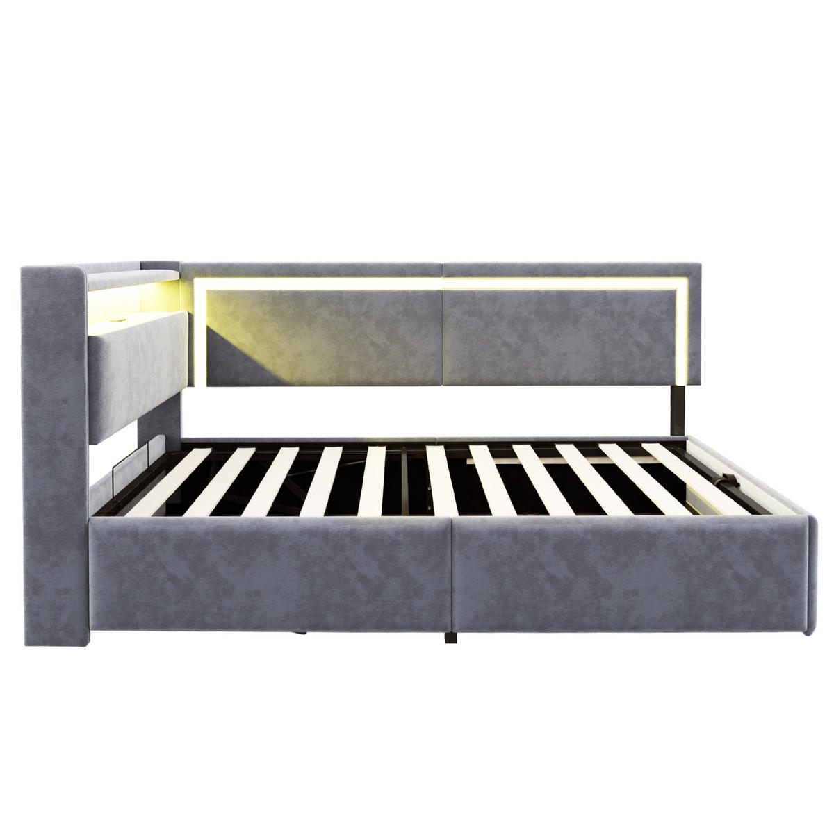 SCHLAFSOFA aus Samt 90x200 cm Hellgrau mit Bettkasten, LED-Beleuchtung und USB-Anschlüssen - Hellgrau, Textil (90/200cm) - IVMEU