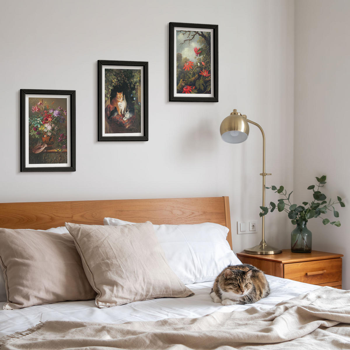 WANDBILDER 3er-Set - 20x30 cm Schwarzer Rahmen - Vintage-Blumen, Katzen, Natur - Schwarz, Kunststoff (20/30cm) - ArtPrintCave