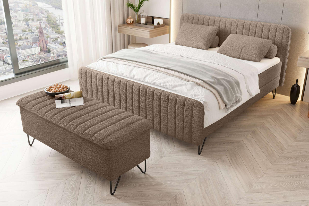 BOXSPRINGBETT LUCIO mit Hocker Bouclé-Stoff Taupe 180/200 cm - Taupe/Schwarz, Textil/Metall (180/200cm) - 99rooms