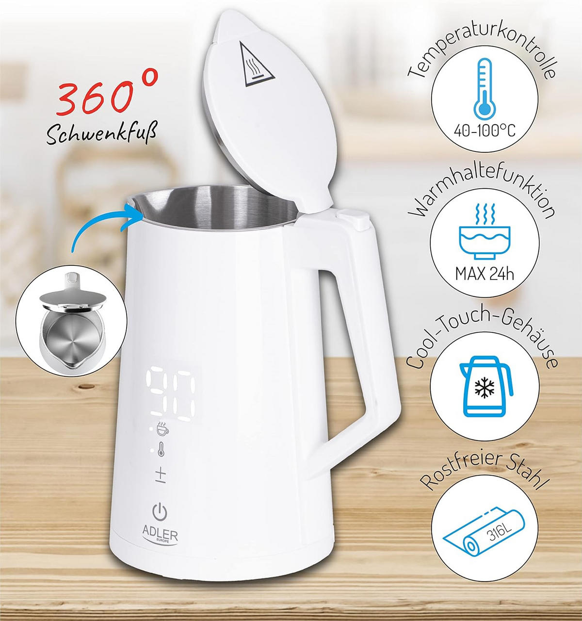 WASSERKOCHER AD1345W Weiß mit Temperatureinstellung - Weiß, Kunststoff/Metall (22/26/16cm) - Adler