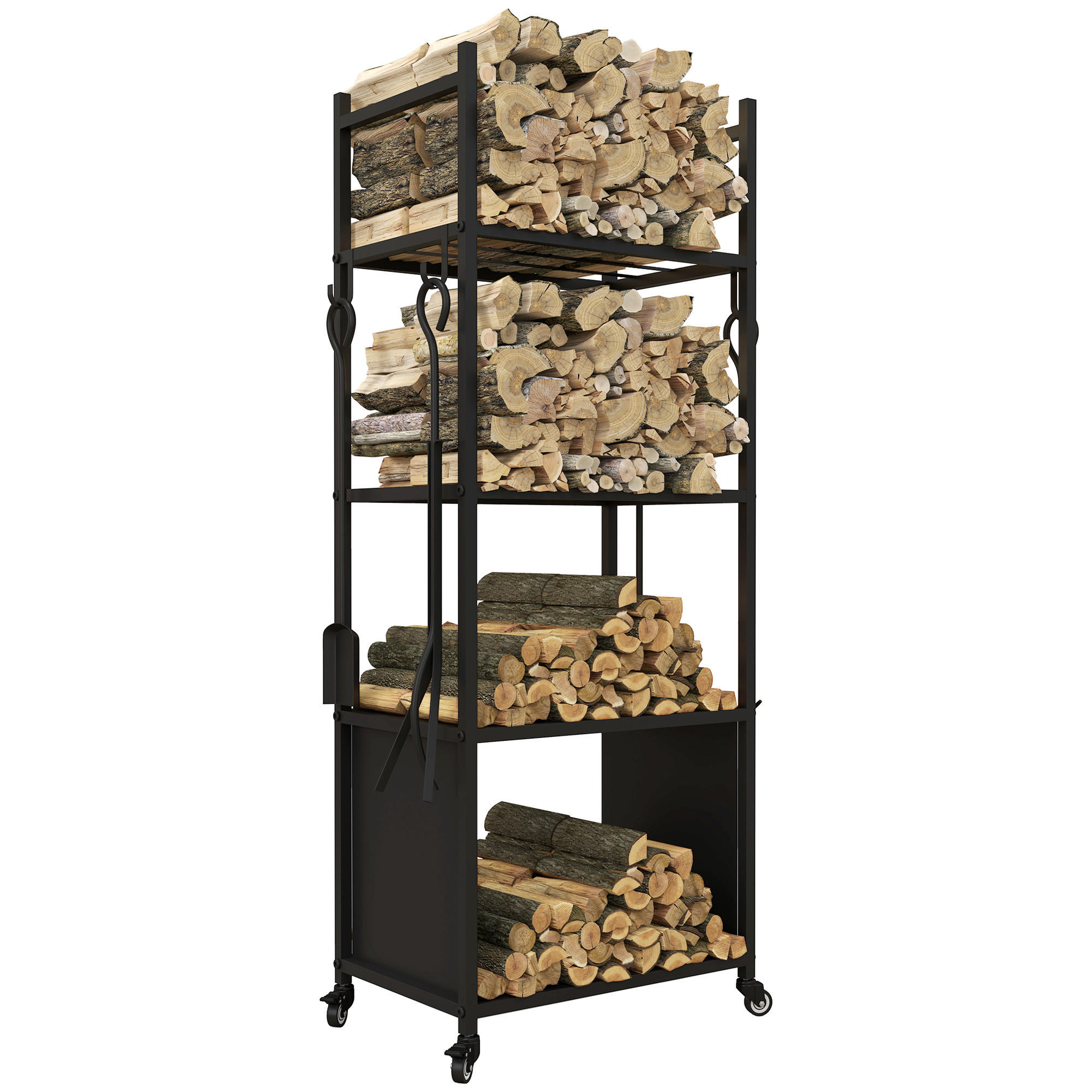 KAMINHOLZREGAL DE-18361 4-stufig mit Rollen & 4 Kaminwerkzeugen Schwarz - Schwarz, Metall (30/118/45cm) - ComfortXL