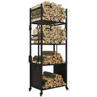 KAMINHOLZREGAL DE-18361 4-stufig mit Rollen & 4 Kaminwerkzeugen Schwarz - Schwarz, Metall (30/118/45cm) - ComfortXL