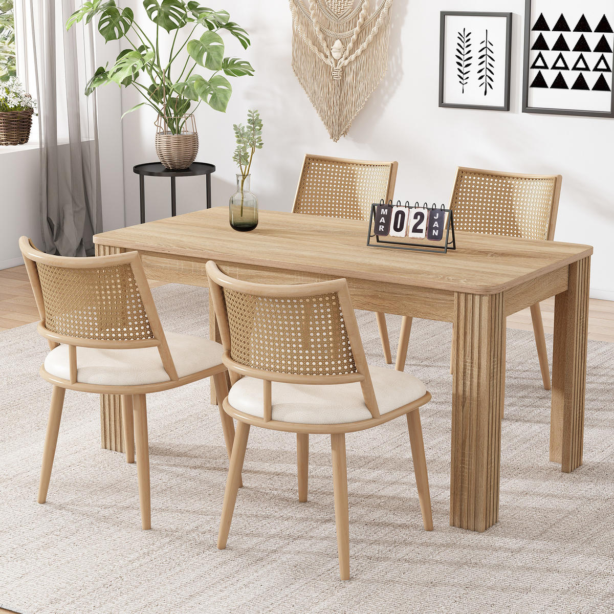 ESSZIMMERSTÜHLE 4er-Set mit PU-Sitz und Rattan-Rückenlehne Beige - Beige, Holz (46/80/48.2cm) - Meubliv