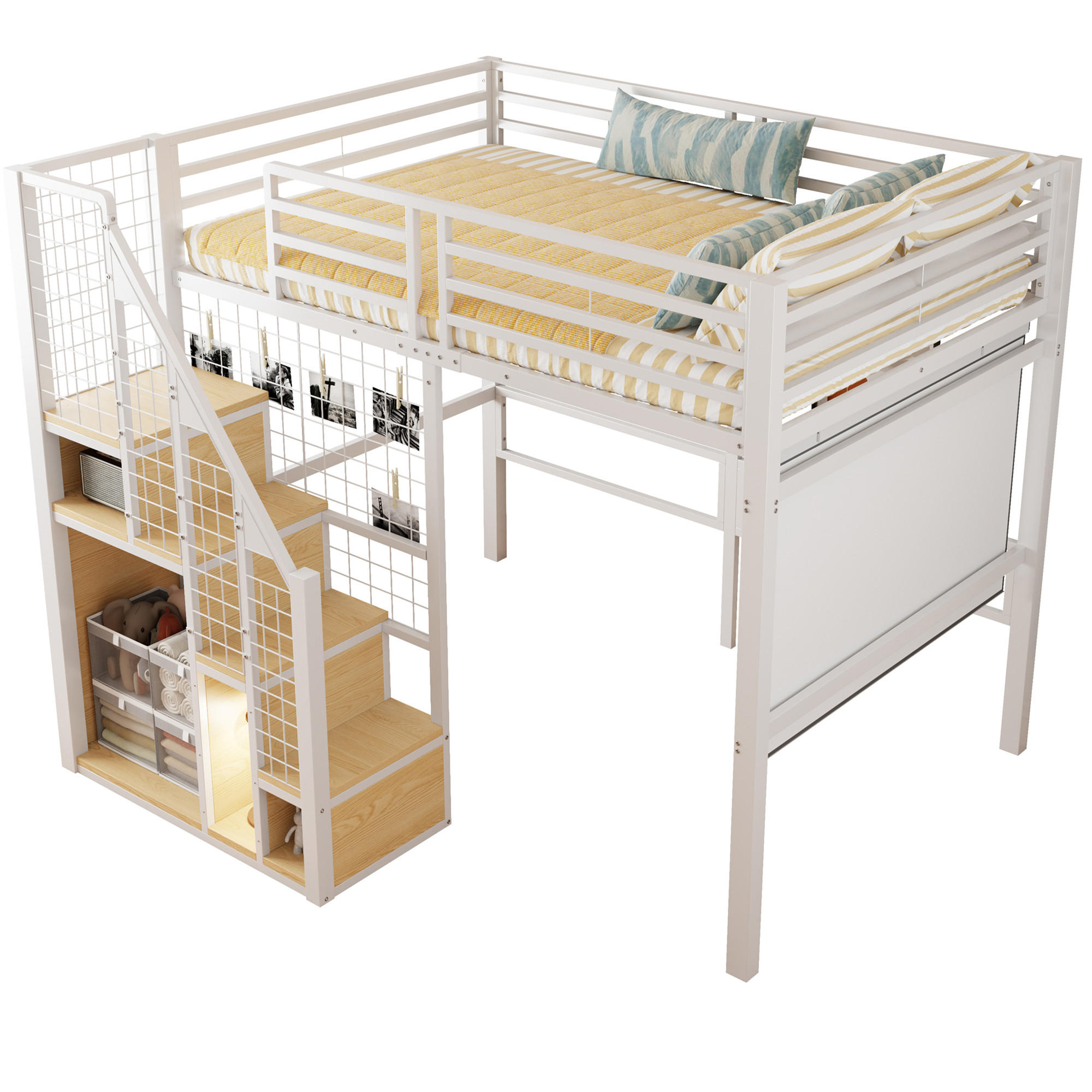 HOCHBETT aus Metall 140x200 cm in Weiß mit Treppe & Stauraum - Weiß, Metall (140/200cm) - Modfu