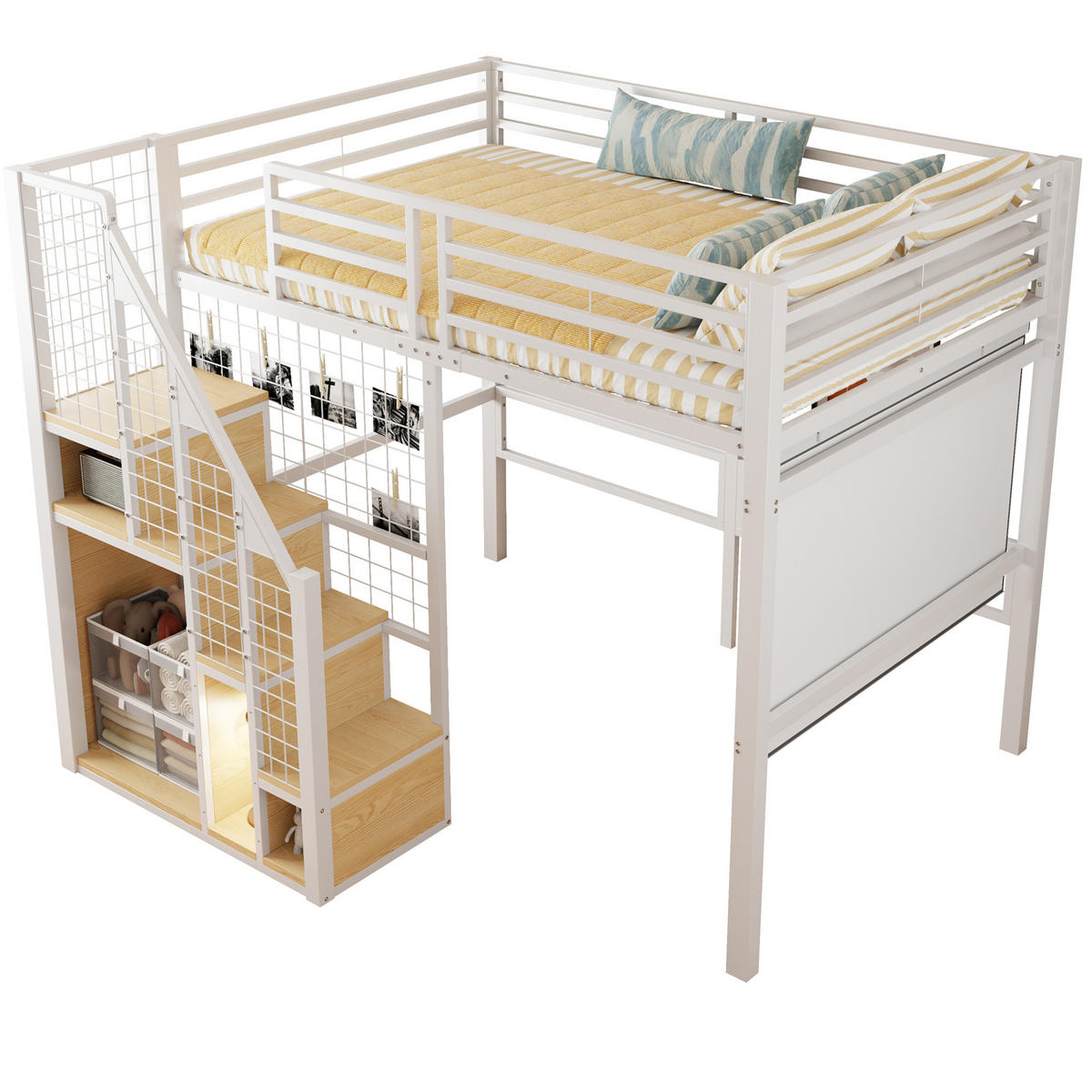 HOCHBETT aus Metall 140x200 cm in Weiß mit Treppe & Stauraum - Weiß, Metall (140/200cm) - Modfu