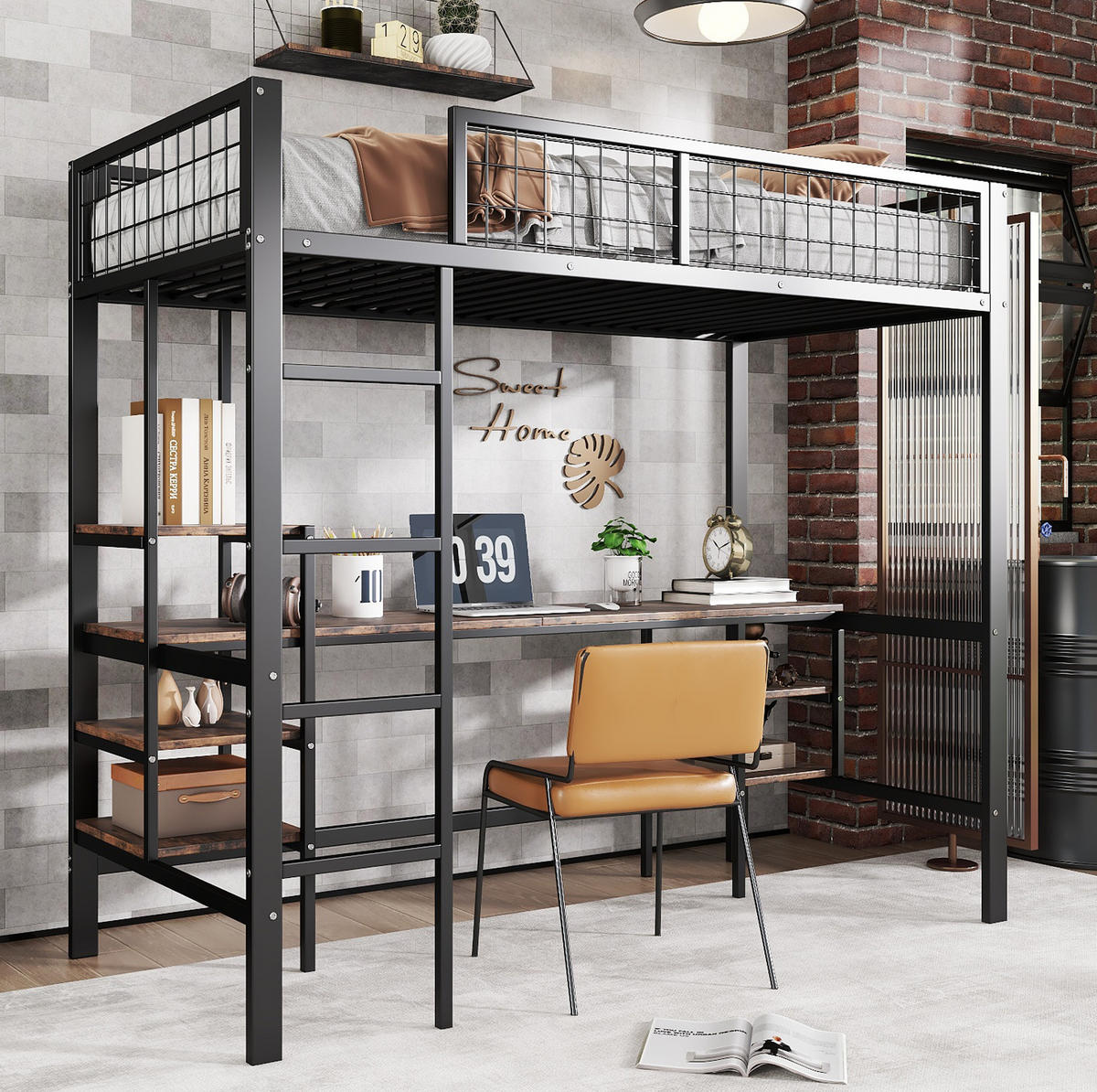 HOCHBETT 90/200 cm aus Metall und Holzwerkstoff mit Schreibtisch und Regal - Schwarz, Metall (90/200cm) - Flora Grace