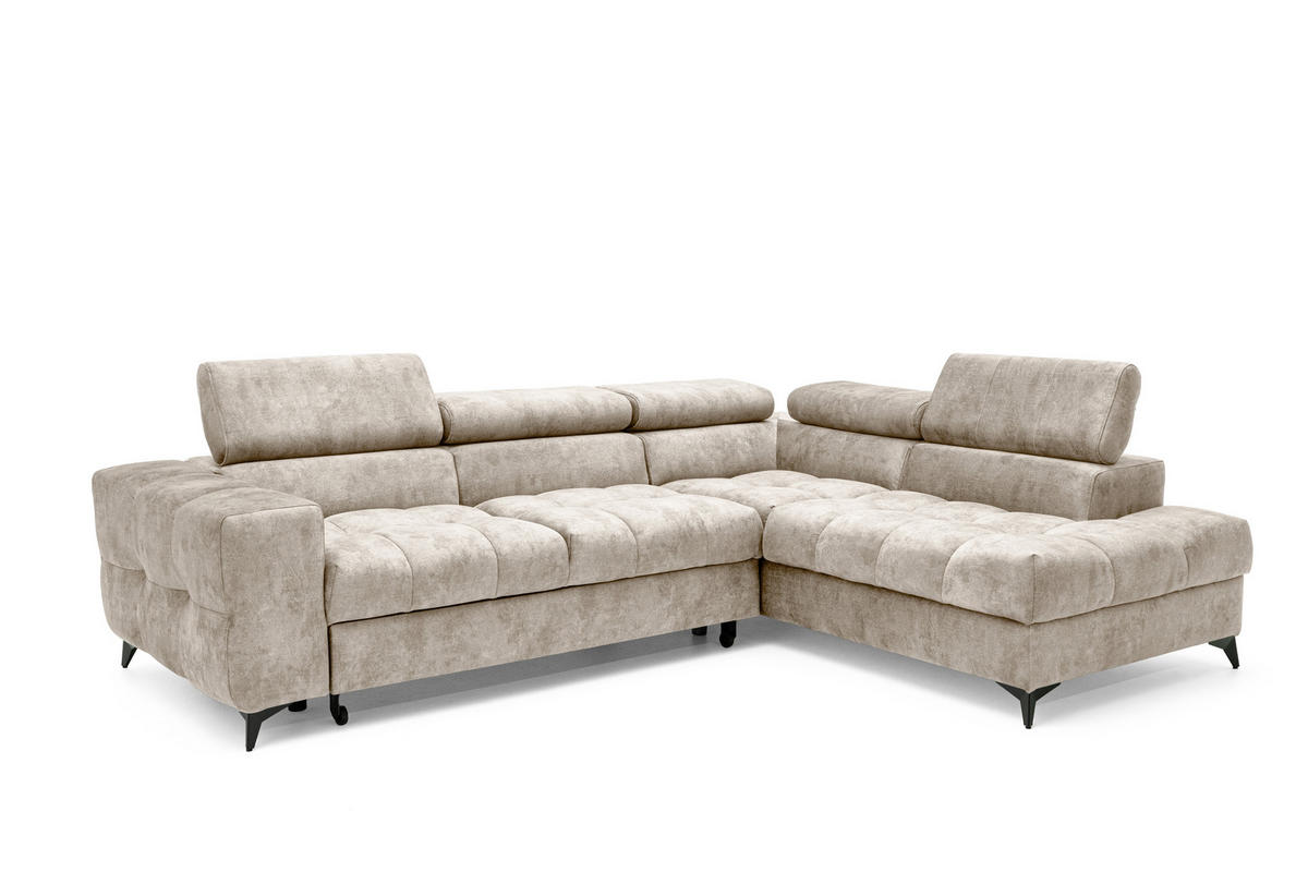 ECKSOFA PUDDING L Rechts mit Schlaffunktion 128x197 Velours Beige - Beige/Schwarz, Holz/Textil (204/270cm) - Muffo