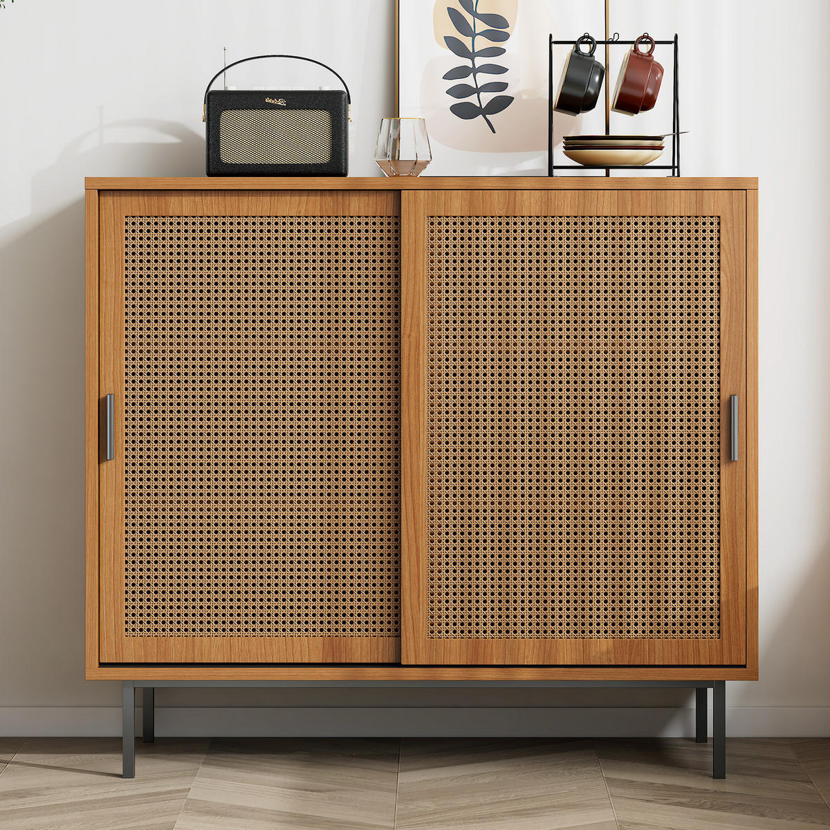 SIDEBOARD 100/37/90 cm in Walnuss mit 2 Schiebetüren und Rattan-Optik - Walnussfarben, Holzwerkstoff (100/90/37cm) - Flora Grace