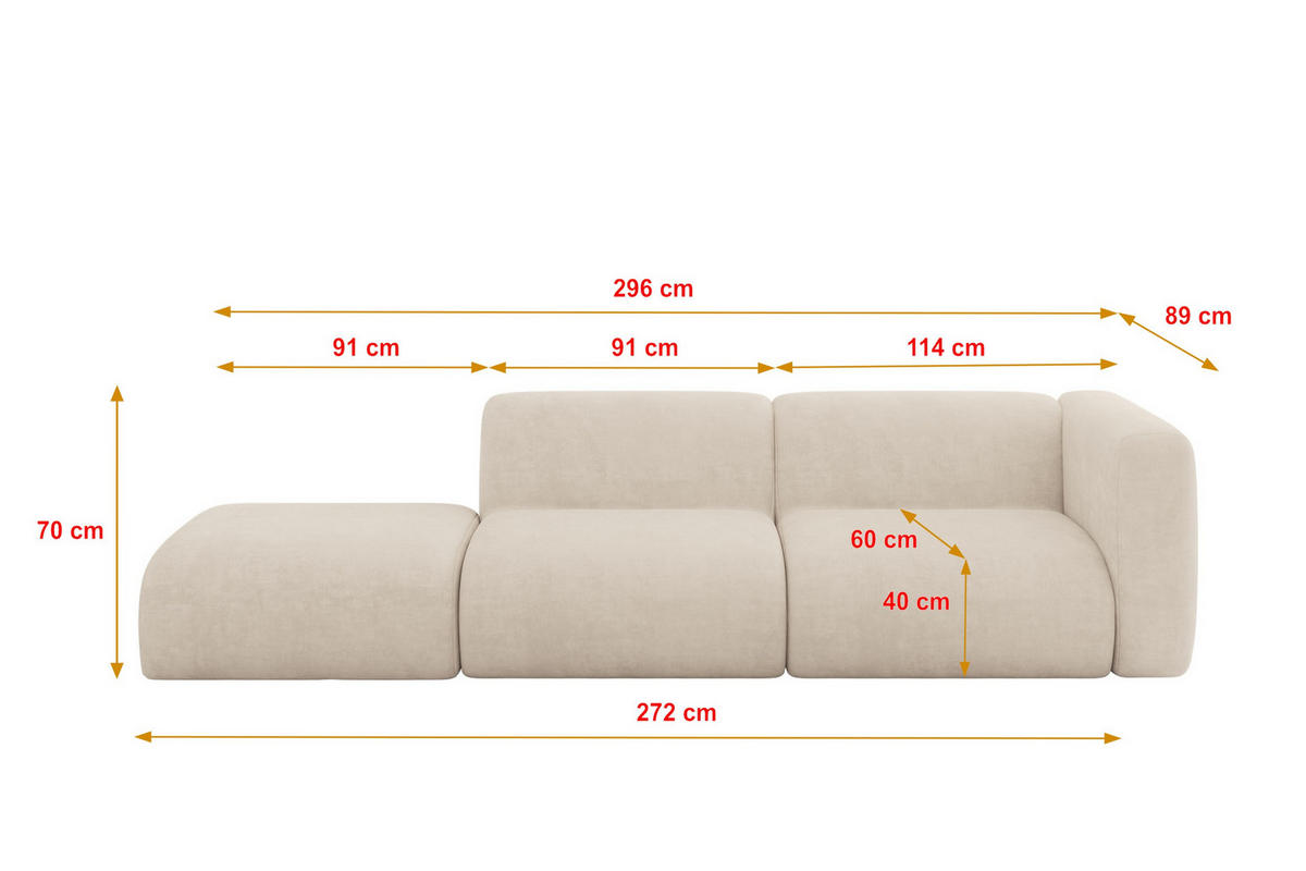 SOFA Ottomane Rechts MIRA-S3 296x89x70 Beige Velours - Greige/Beige, Holzwerkstoff/Kunststoff (296/70/89cm) - ALTDECOR