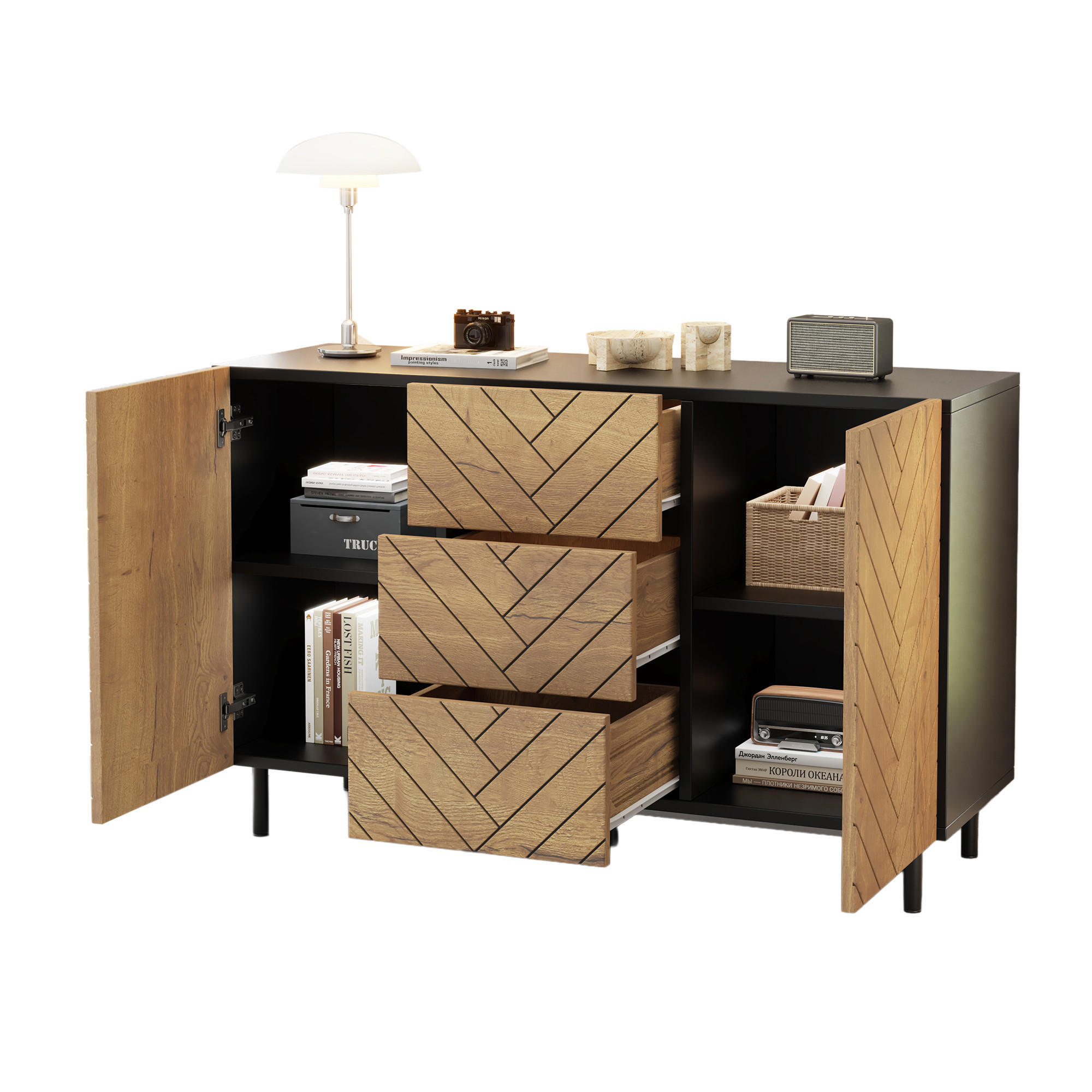 SIDEBOARD i tr&auml;f&auml;rg med 3 l&aring;dor f&ouml;r vardagsrum, B120/D40/H76 cm Naturf&auml;rgad 76/120/40 cm
