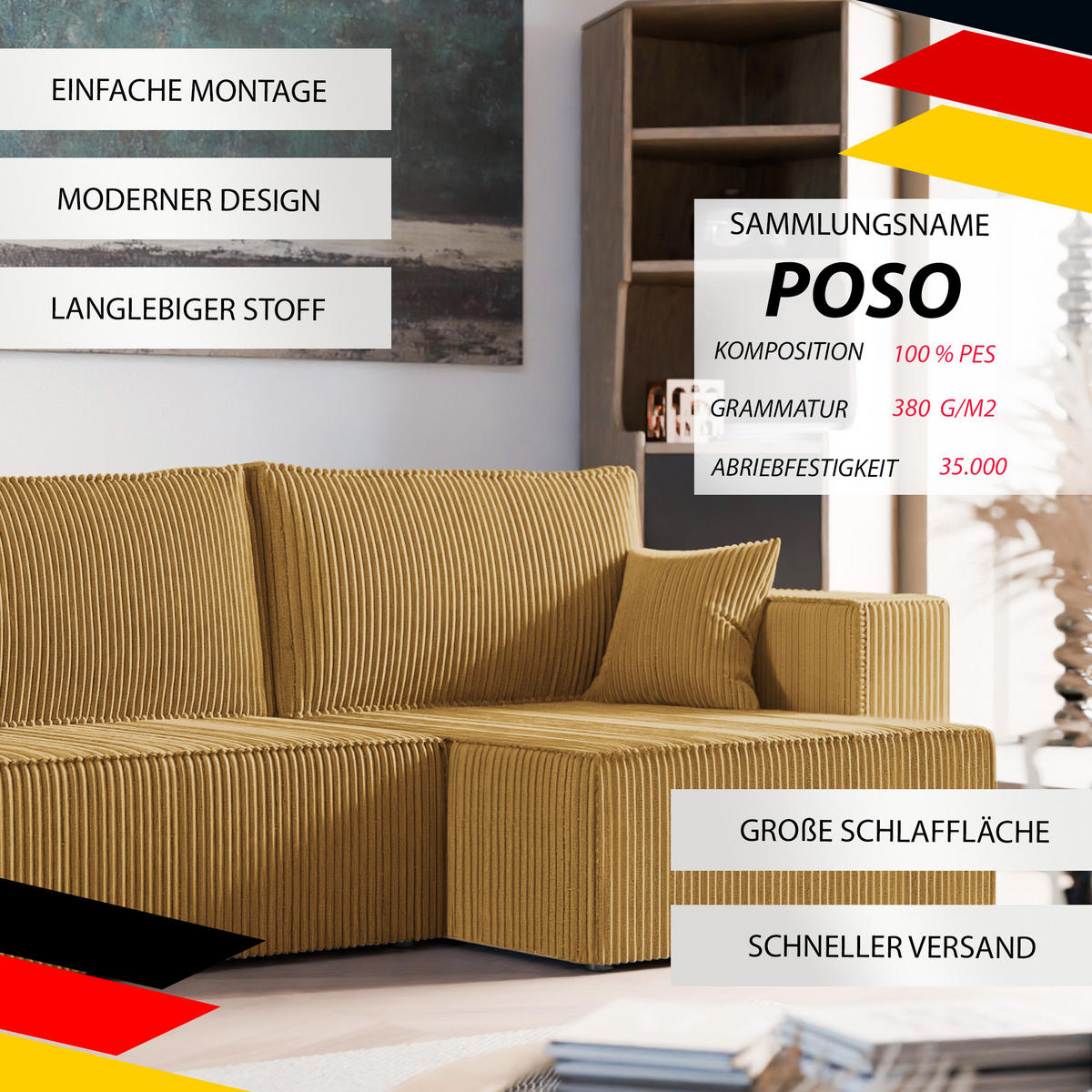 ECKSOFA mit Schlaffunktion und Bettkasten, Gelb - Gelb, Holzwerkstoff/Textil (145/276cm) - Idohome