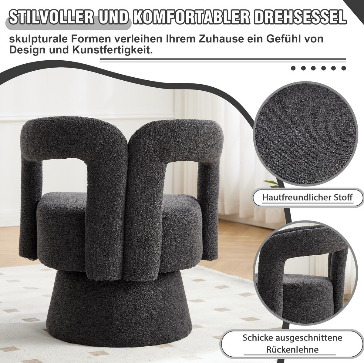 OTOČNÉ kreslo 55/67/74 cm tmavosivé z bouclé s 360° otáčaním a čalúnenými podrúčkami - tmavosivá, textil (55/74/67cm) - OKWISH