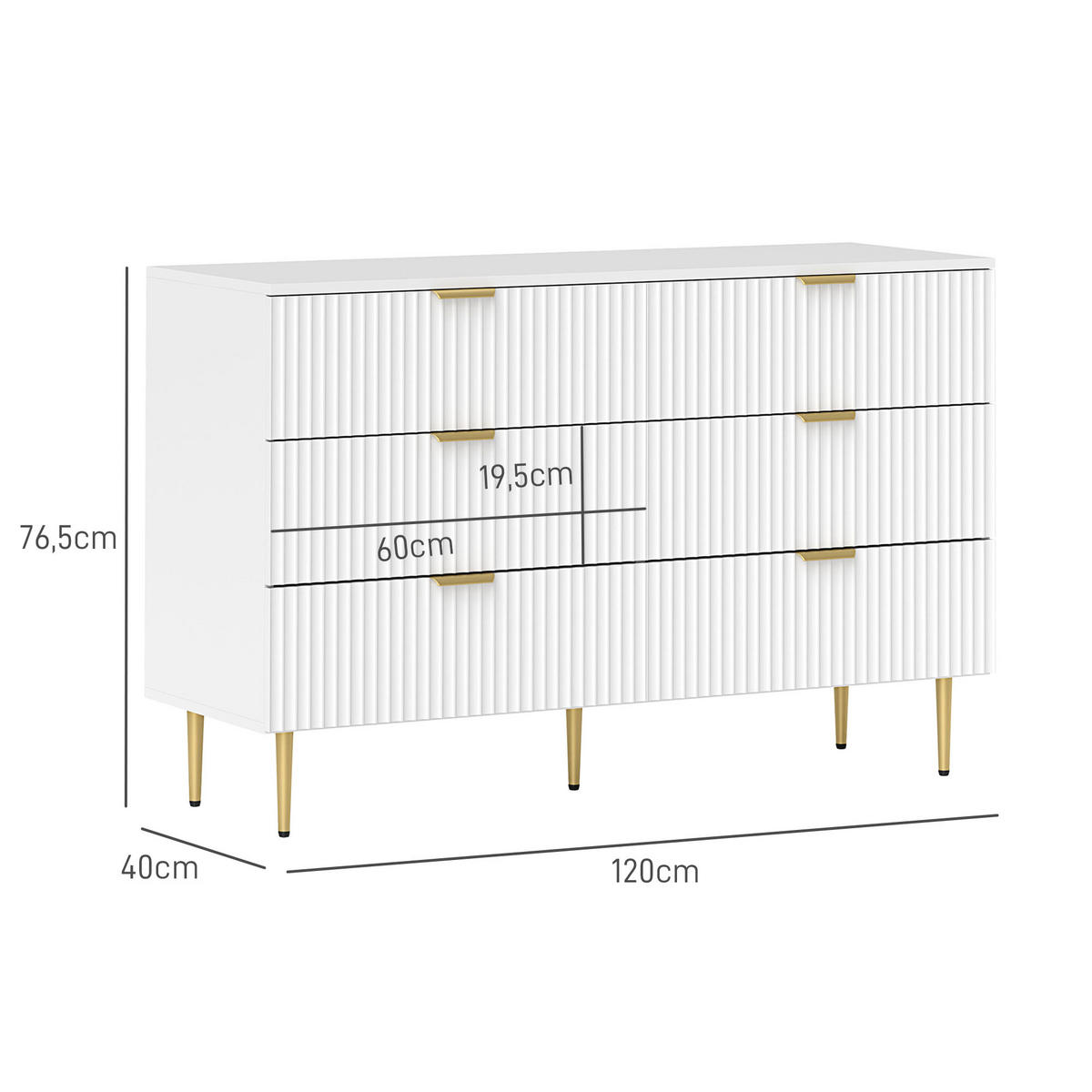 KOMOODE DE-12857 6 Schubladen, goldene Griffe und Füße Weiß - Weiß, Holzwerkstoff (120/76.5/40cm) - ComfortXL