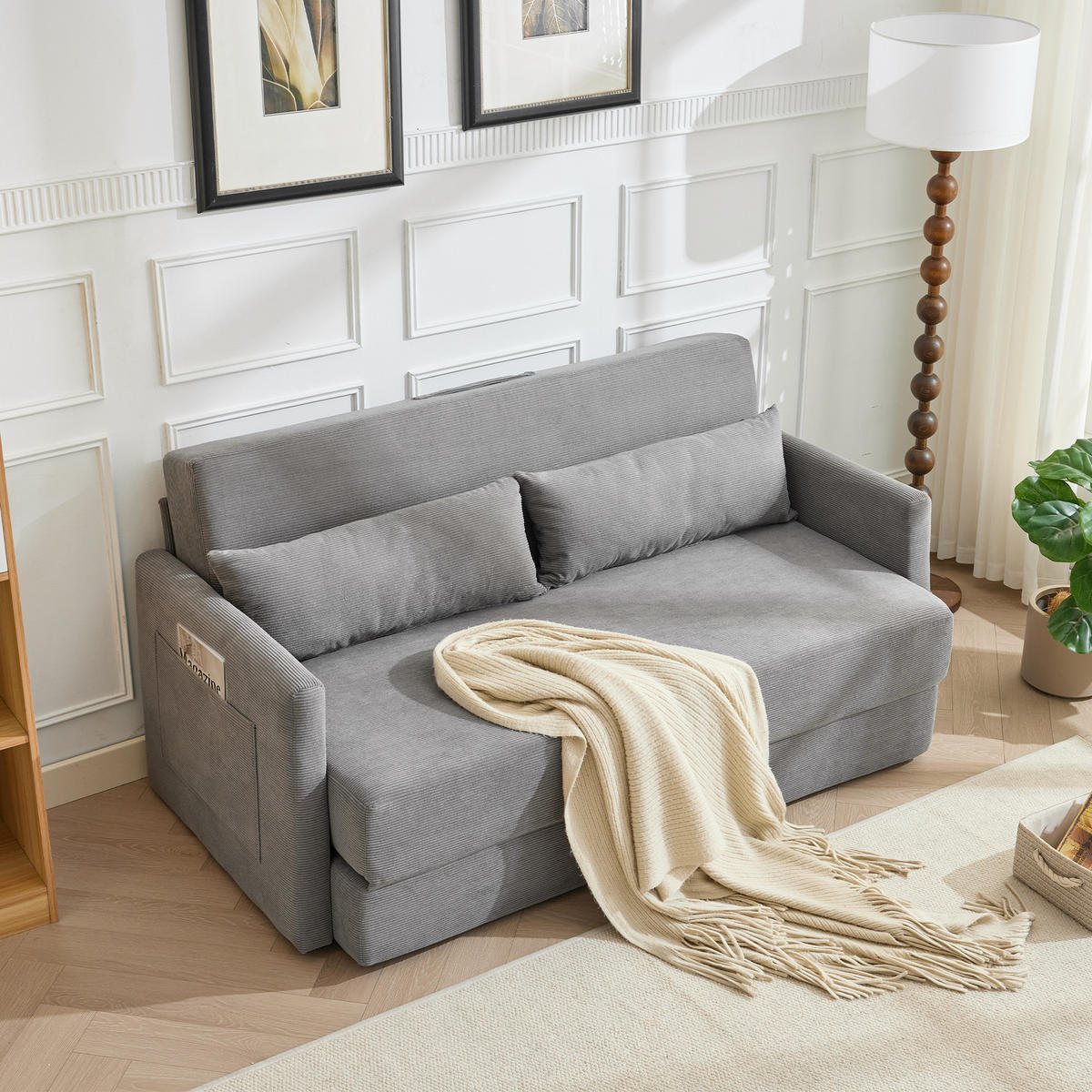 2-SITZER SOFABETT Cord Grau mit Kissen und Magazintaschen - Grau, Holzwerkstoff/Textil (165/67/212cm) - WISHDOR