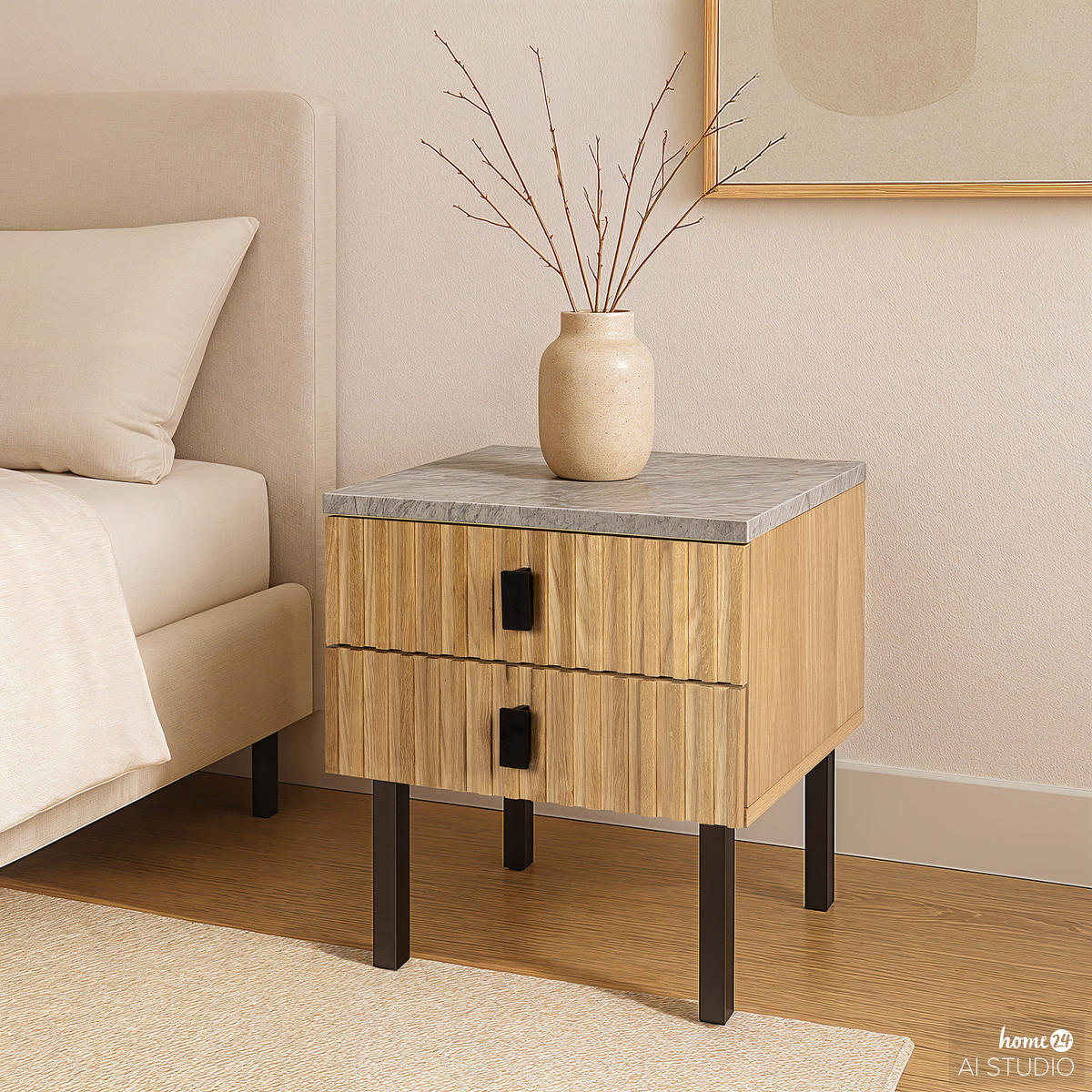 NACHTKOMMODE - Echtholzfurnier - Terazzo Dekor / Eiche - Eichefarben/Schwarz, Holzwerkstoff/Metall (48/50/40cm) - home24