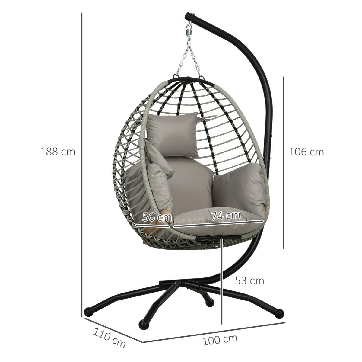 ZÁVĚSNÉ křeslo 110/100/188 cm se stojanem, skládacím košem, držákem na nápoj a ocelovou konstrukcí, Šedá - šedá, kov (100/188/110cm) - Redom