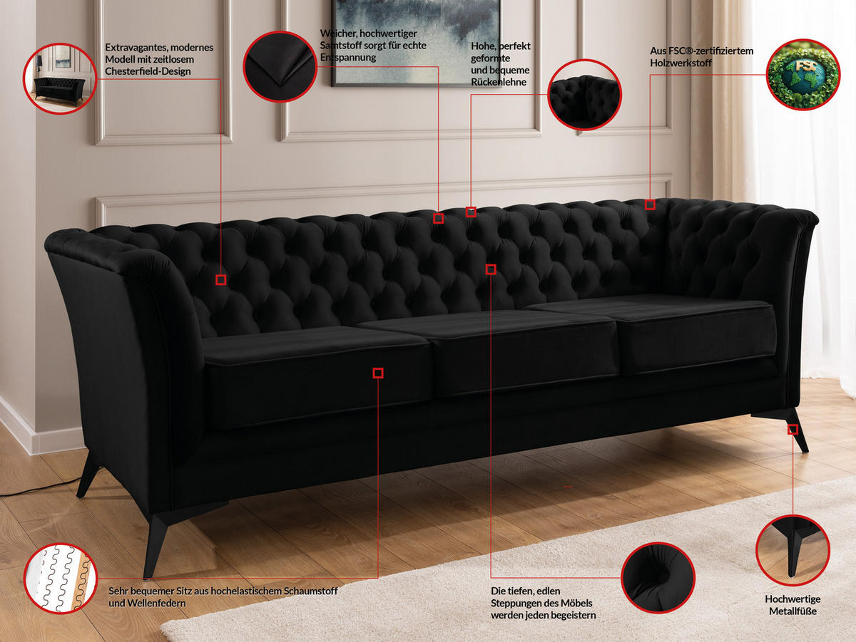 SITZGARNITUR 3+2+1 Chesterfield Whitby Schwarz Samt mit schwarzen Füßen - Schwarz, Holz/Textil (237/78/82cm) - S-Style Möbel
