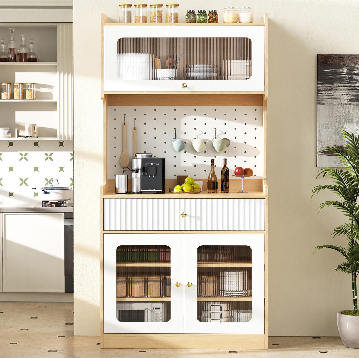 HIGHBOARD 80/40/180 cm in Natur/Weiß mit LED und Riffelglas - Naturfarben, Holzwerkstoff (80/180/40cm) - BEAOK