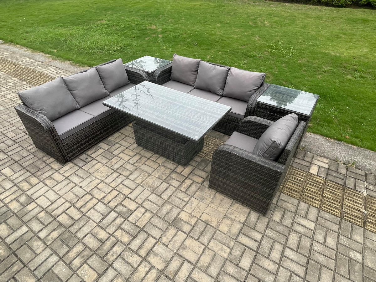 GARTENMÖBELSET mit 2 Beistelltisch Höhenverstellbarer Esstisch 7-Sitzer Grau - Dunkelgrau/Grau, Glas/Kunststoff - Fimous