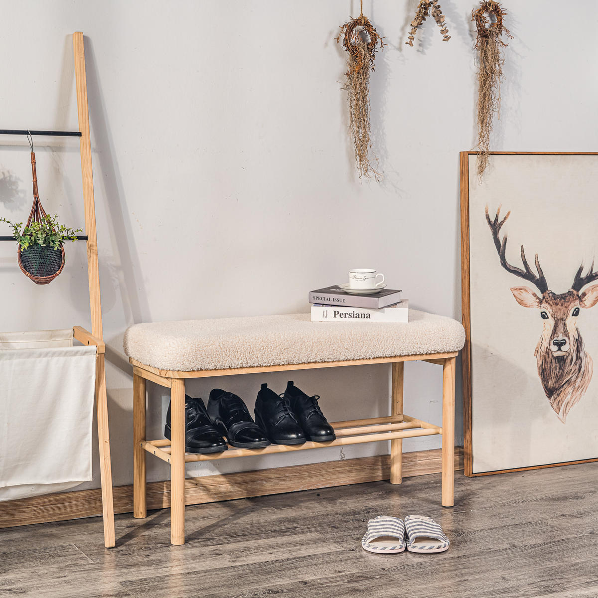 SITZBANK Rattan Weiß - Weiß, Holz (90/45.5/35cm) - Nordlys