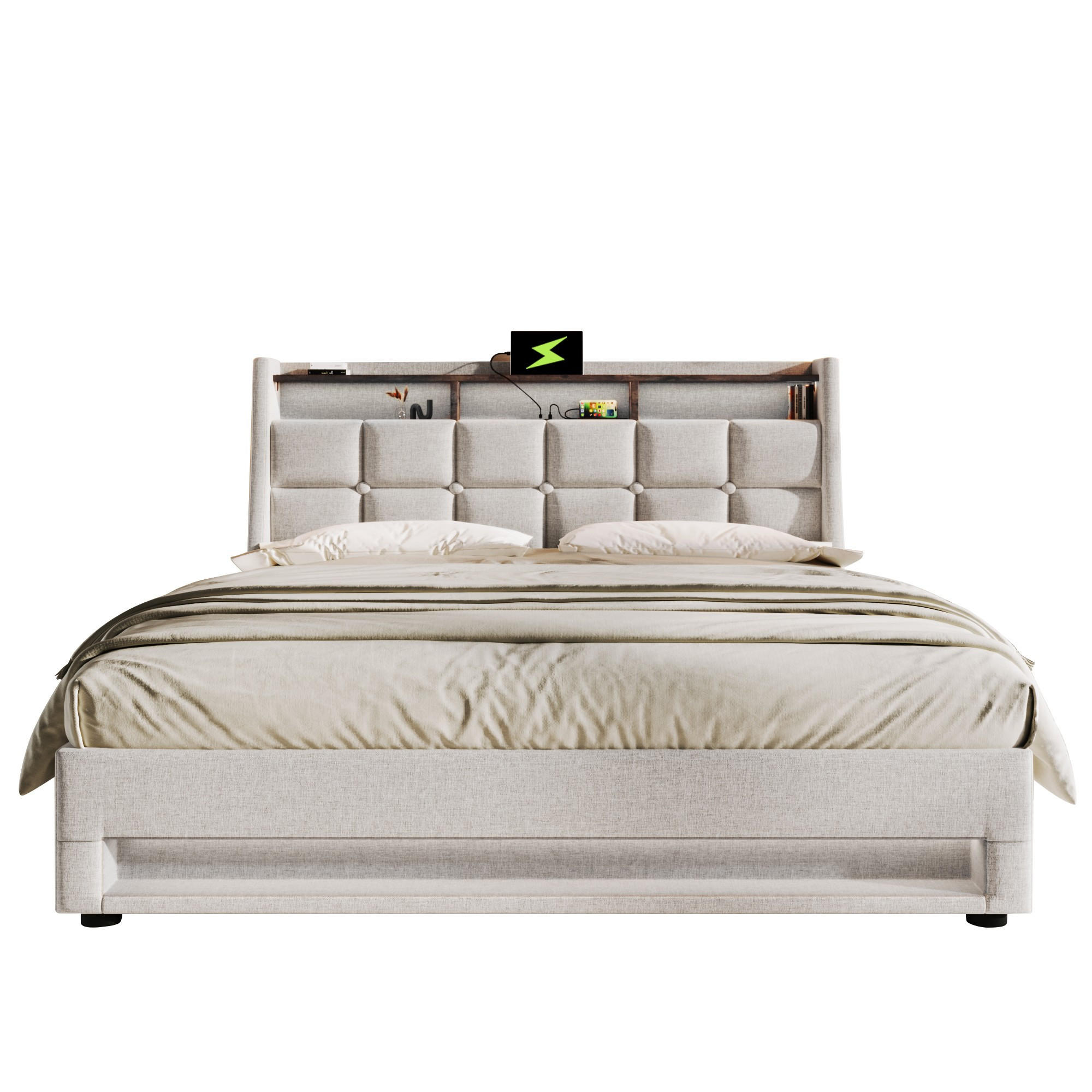 POLSTERBETT 140/200 cm beige mit USB und LED-Beleuchtung - Beige, Textil (140/200cm) - OKWISH