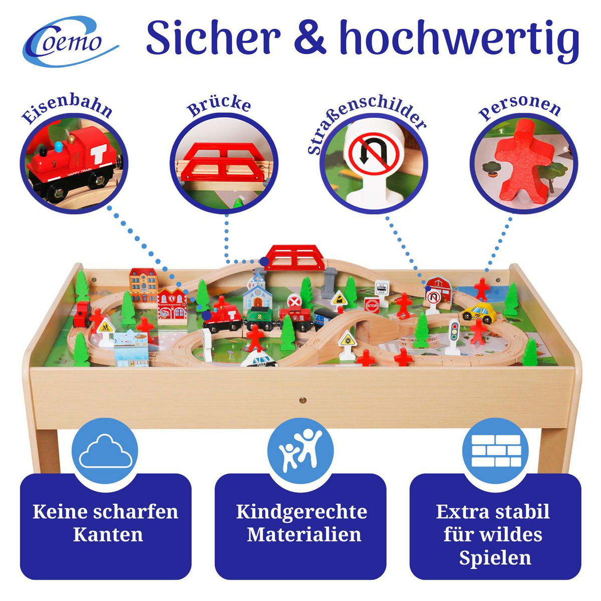 SPIELTISCH MIT HOLZEISENBAHN 90-tlg. Set Tisch Farbe Natur - Naturfarben, Holzwerkstoff (57/98cm) - Coemo