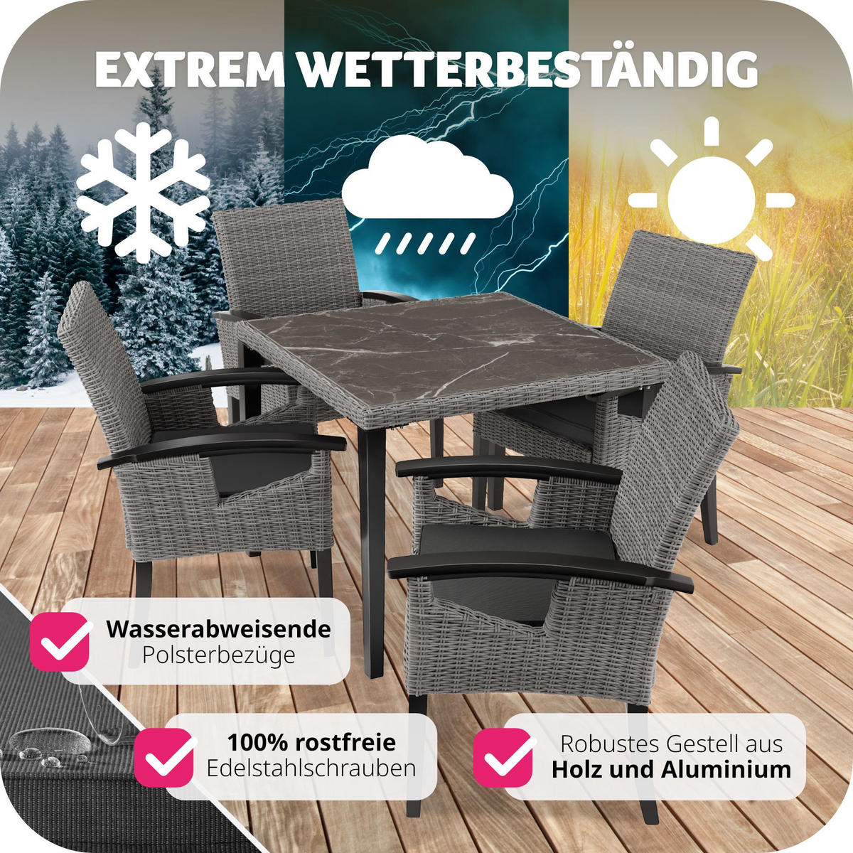 GARTENTISCH Tarent mit 4 Stühlen Rosarno, Armlehnen und Füße aus Holz, grau - Grau, Kunststoff - tectake