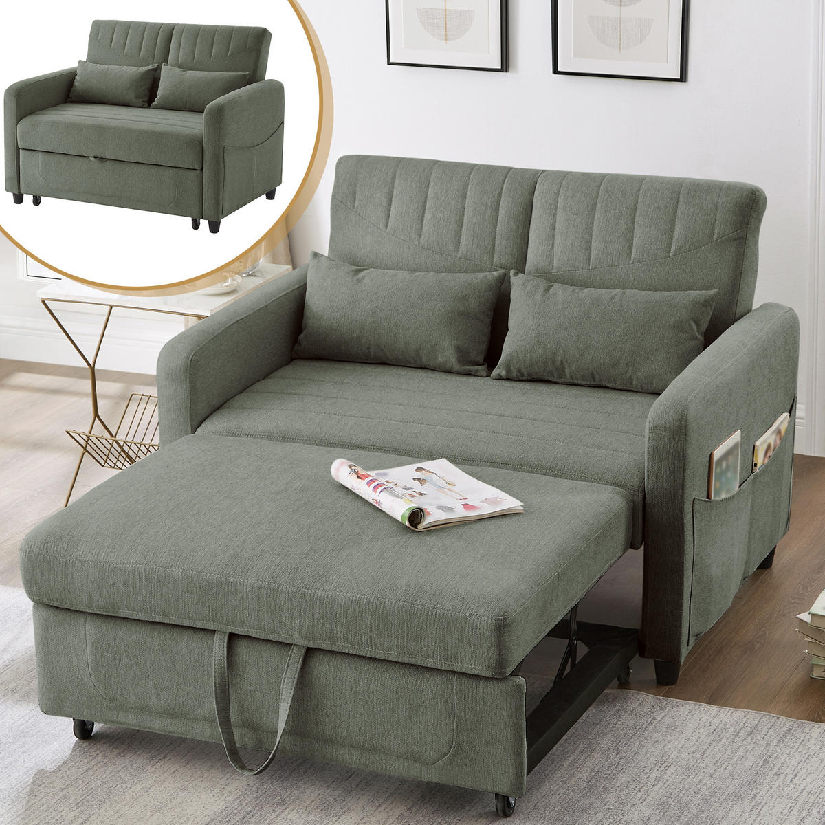 SCHLAFSOFA 2-Sitzer ausziehbar mit 3-stufiger Rückenlehne - Olivgrün, Kunststoff (114/82.5/77cm)