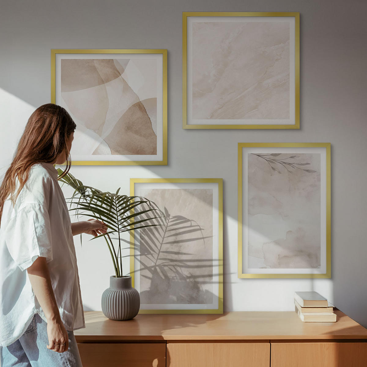 WANDBILDER 4er Set - 50x50 cm & 40x60 cm Goldrahmen - Aquarellfarben, Boho-Texturen - Goldfarben, Kunststoff (50/50cm) - ArtPrintCave