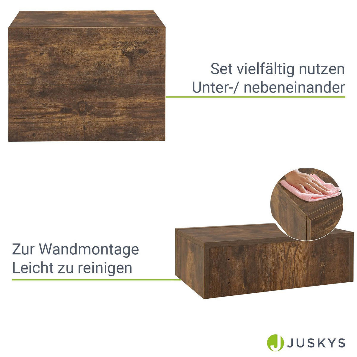 WANDREGAL mit Schublade holzoptik (2er-Set) - Braun, Holz (46/15/30cm) - Juskys