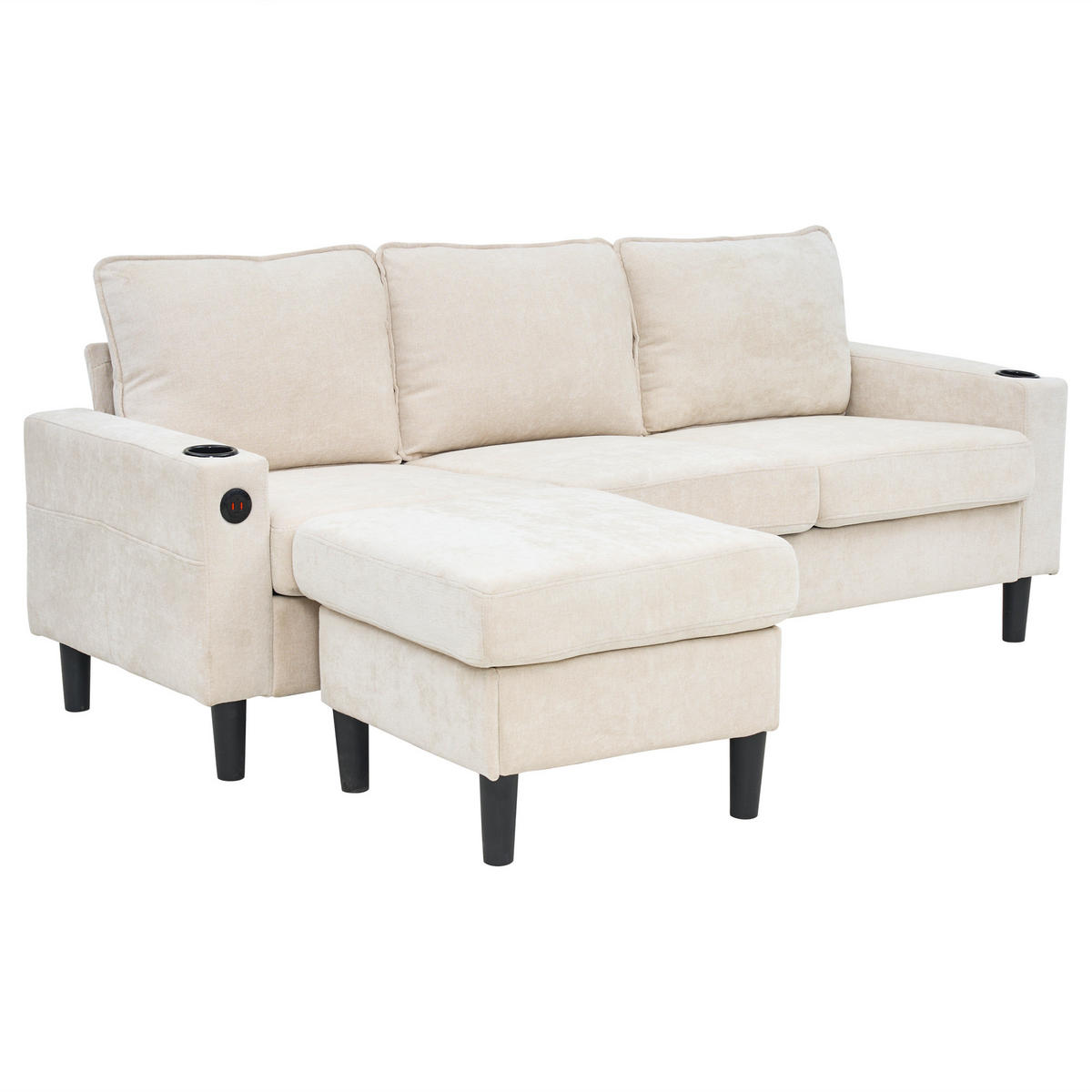 ECKSOFA L-Form 3-Sitzer mit zwei Getränkehaltern und USB und Typ-C-Anschlüssen Beige 202/137/80 cm - Beige, Textil (202/137cm) - OKWISH